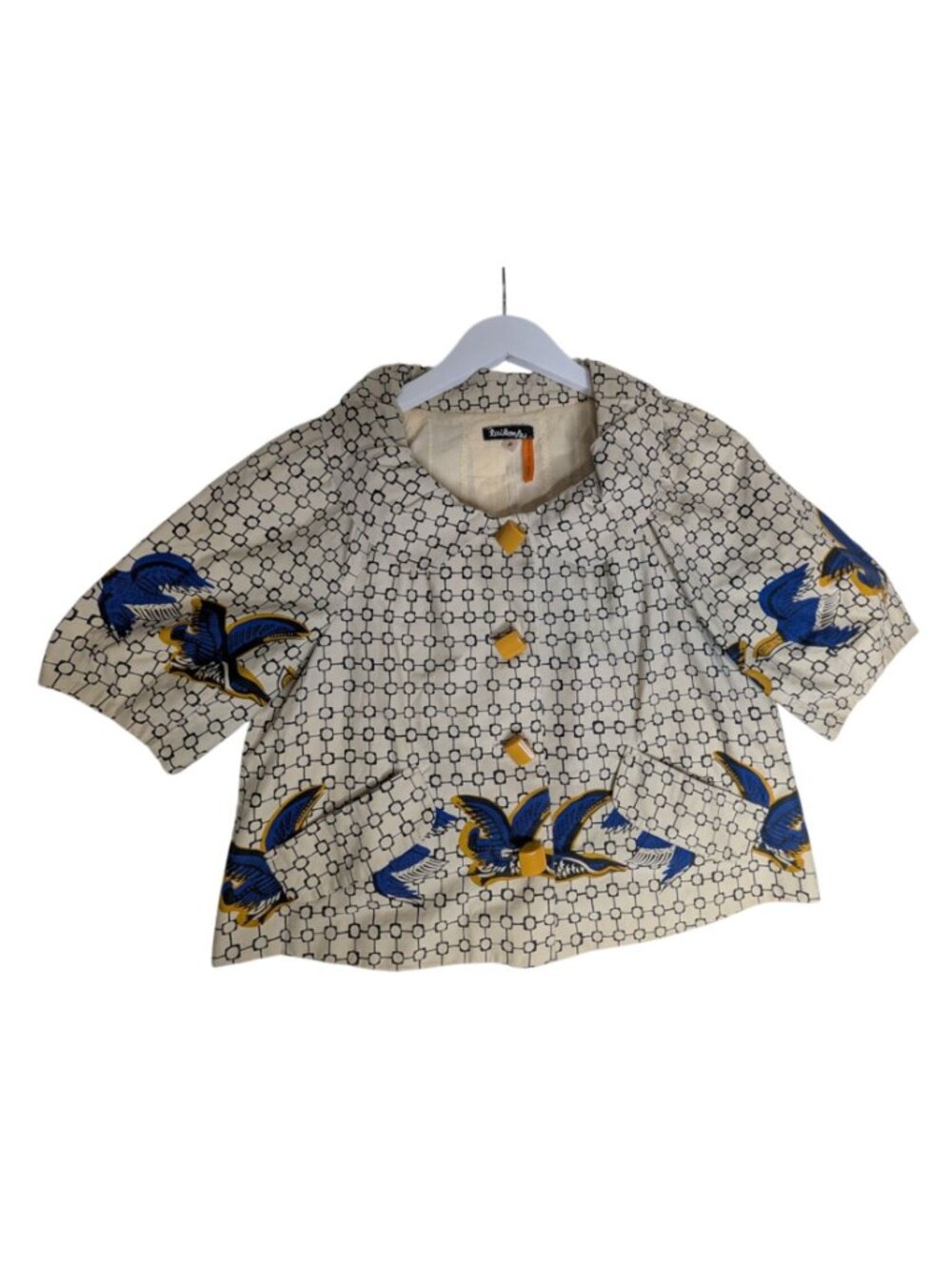 Taikonku Anthropologie Cirikli Bird Print Retro Cropped Jacket Size 8 Blue & Yel - Picture 9 of 11